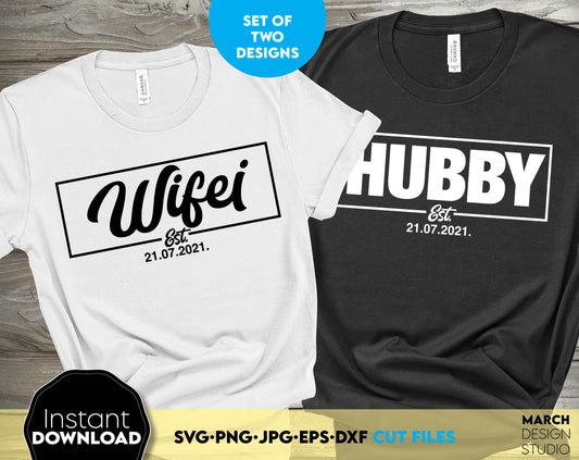 Hubby and Wifei files for celebrating a wedding anniversary. A great way to make your loved ones happy on their anniversary. Make a shirt with this design for the newlyweds or use it on another surface - cups, pillows, snack boards. Buy now, enjoy!