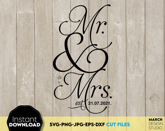 Mr and Mrs svg are great and thoughtful gifts for weddings, wedding anniversaries, etc. Wedding sign file allow you to use wonderful designs for engraving on glass, making t-shirts with Cricut, silhouette equipment or simply cutting it out from wood.