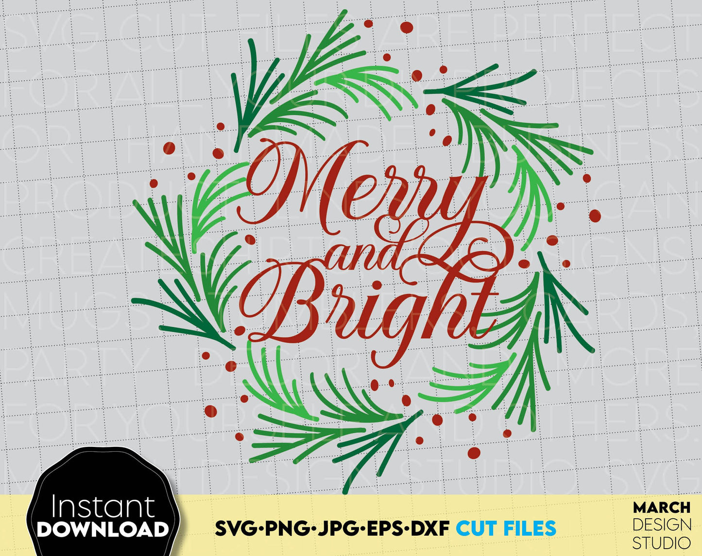 Merry and Bight in Christmas wreath ornament. SVG PNG JPG EPS DXF files included. Compatible with Cricut, Silhouette or other equipment. Cut from vinyl, use for sublimation or laser cut projects as well. Buy now for a good price and enjoy!