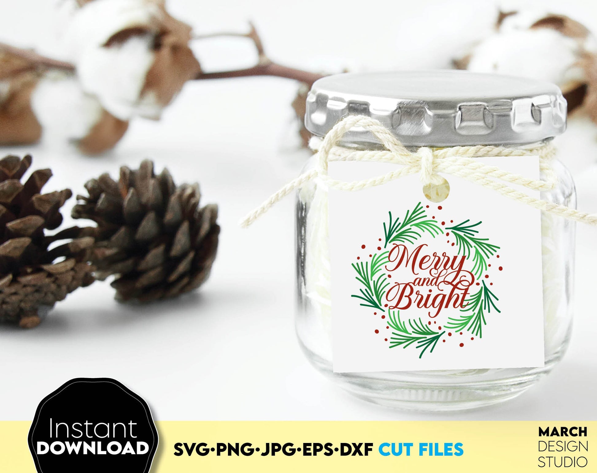 Merry and Bight in Christmas wreath ornament. SVG PNG JPG EPS DXF files included. Compatible with Cricut, Silhouette or other equipment. Cut from vinyl, use for sublimation or laser cut projects as well. Buy now for a good price and enjoy!