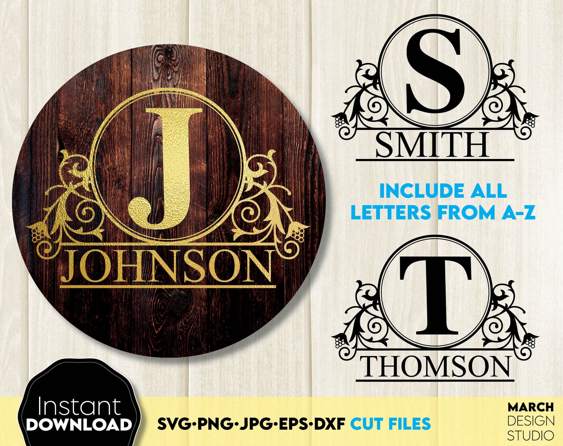 Family Name Monogram bundle design for Your gift projects. Files allow you to use designs for engraving on glass, making shirts, tumblers with Cricut, Silhouette equipment. Monogram files also designed and easy to use for laser cutting. Buy now!