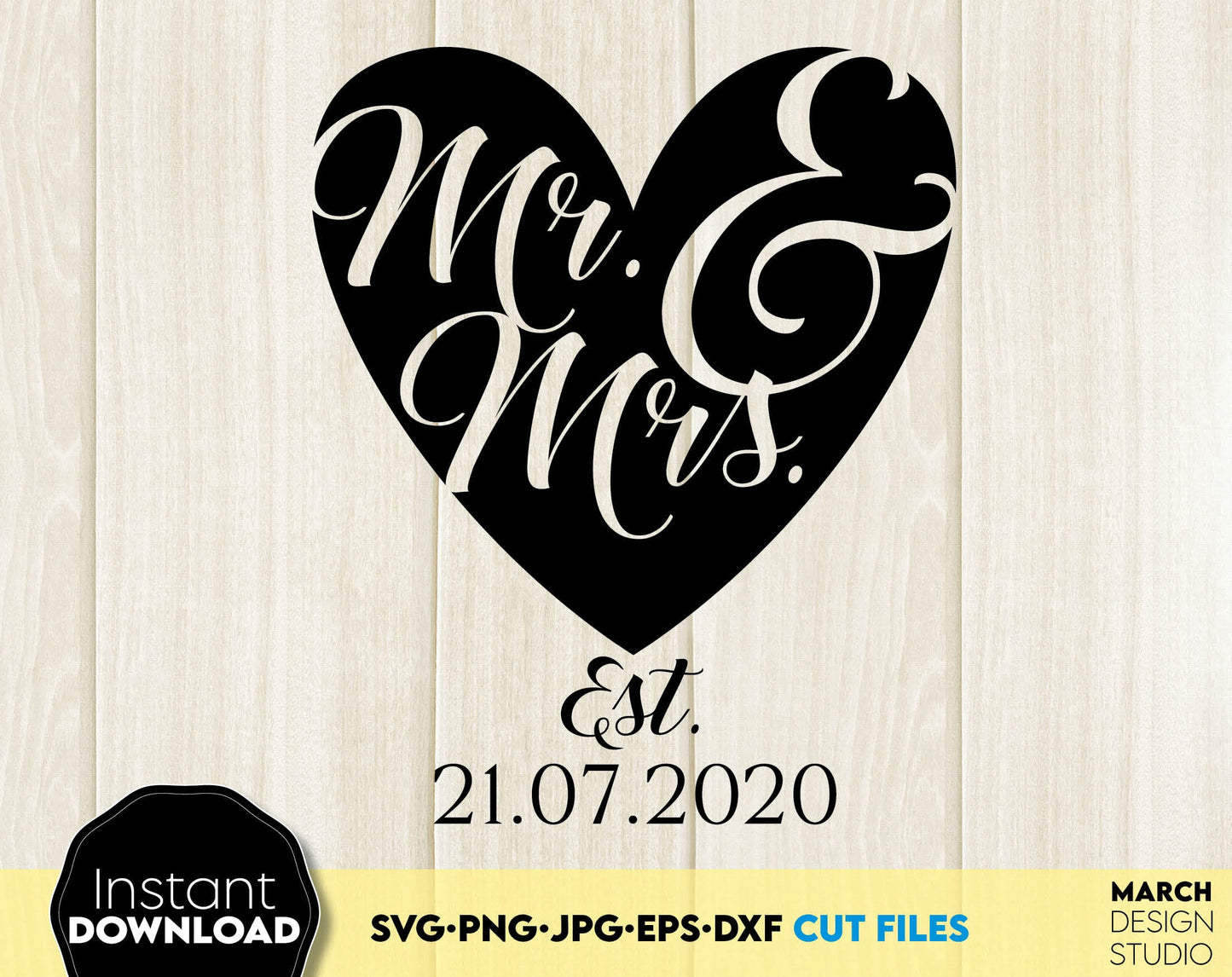 These Mr and Mrs designs You can use to surprise and delight your loved ones in an important event in life. Mr and Mrs svg are great and thoughtful gifts for weddings, wedding anniversaries, etc. SVG, DXF, EPS, PNG files included. Buy now!