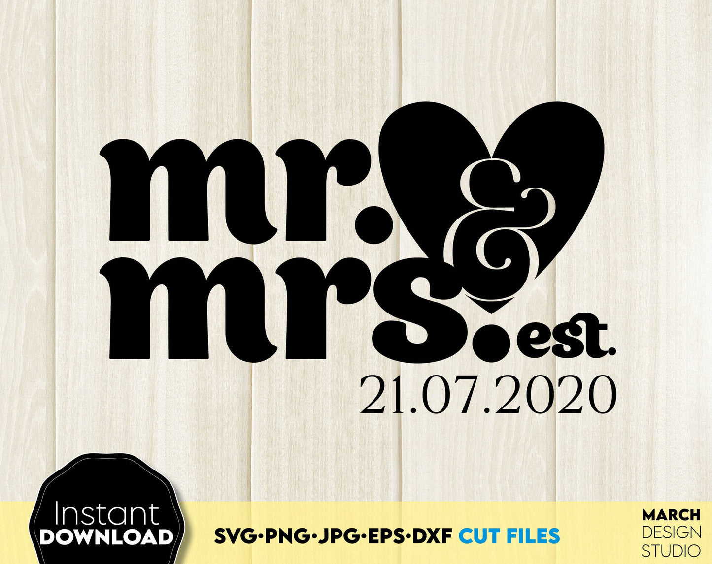 Mr. and Mrs. wedding, honeymoon etc. design for gifts. SVG, PNG, JPG, EPS and DXF files included. Compatible with Cricut, Silhouette and others machines. Use for sublimation or laser cut projects as well. Buy now for a good - discount price. Enjoy!