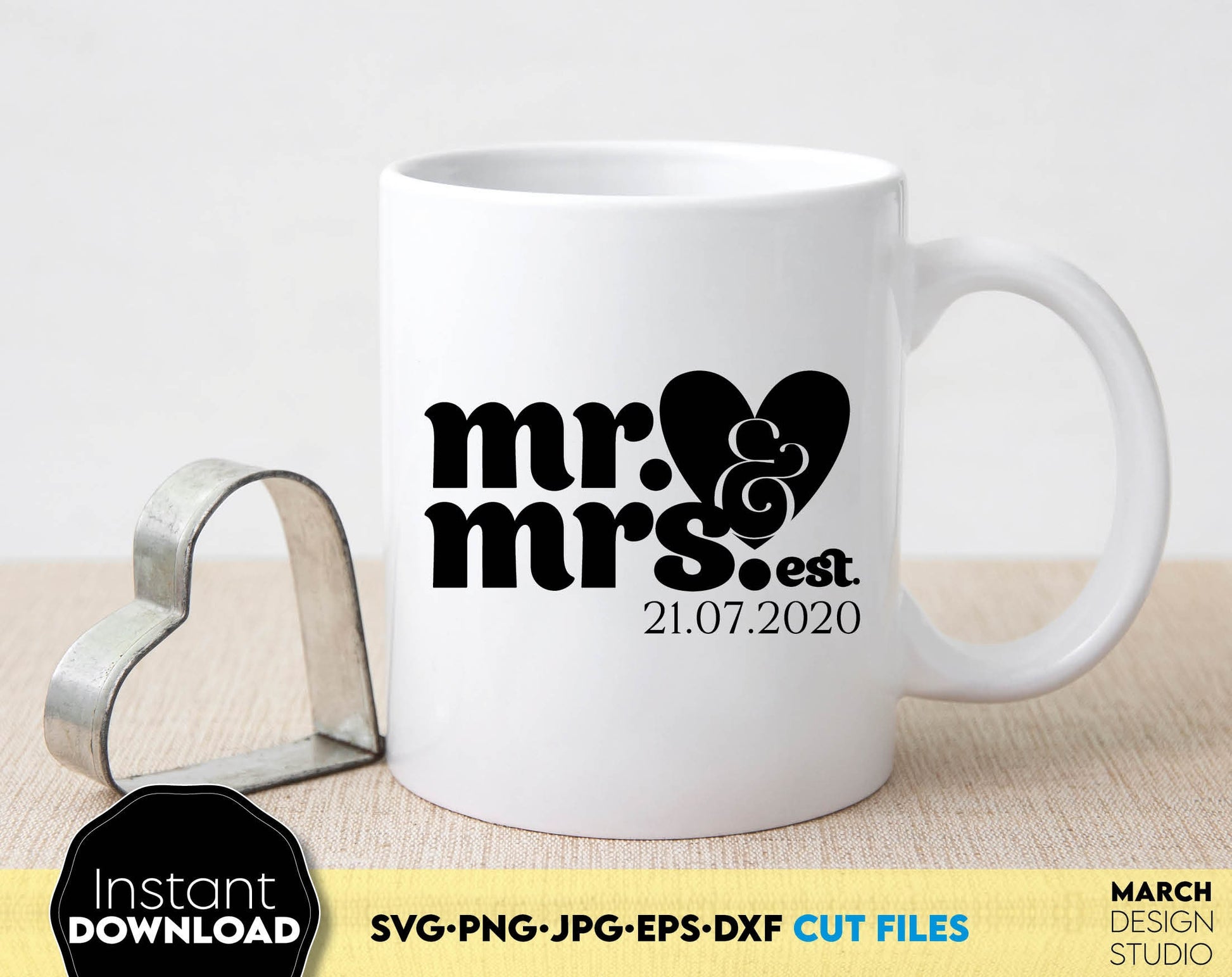 Mr. and Mrs. wedding, honeymoon etc. design for gifts. SVG, PNG, JPG, EPS and DXF files included. Compatible with Cricut, Silhouette and others machines. Use for sublimation or laser cut projects as well. Buy now for a good - discount price. Enjoy!