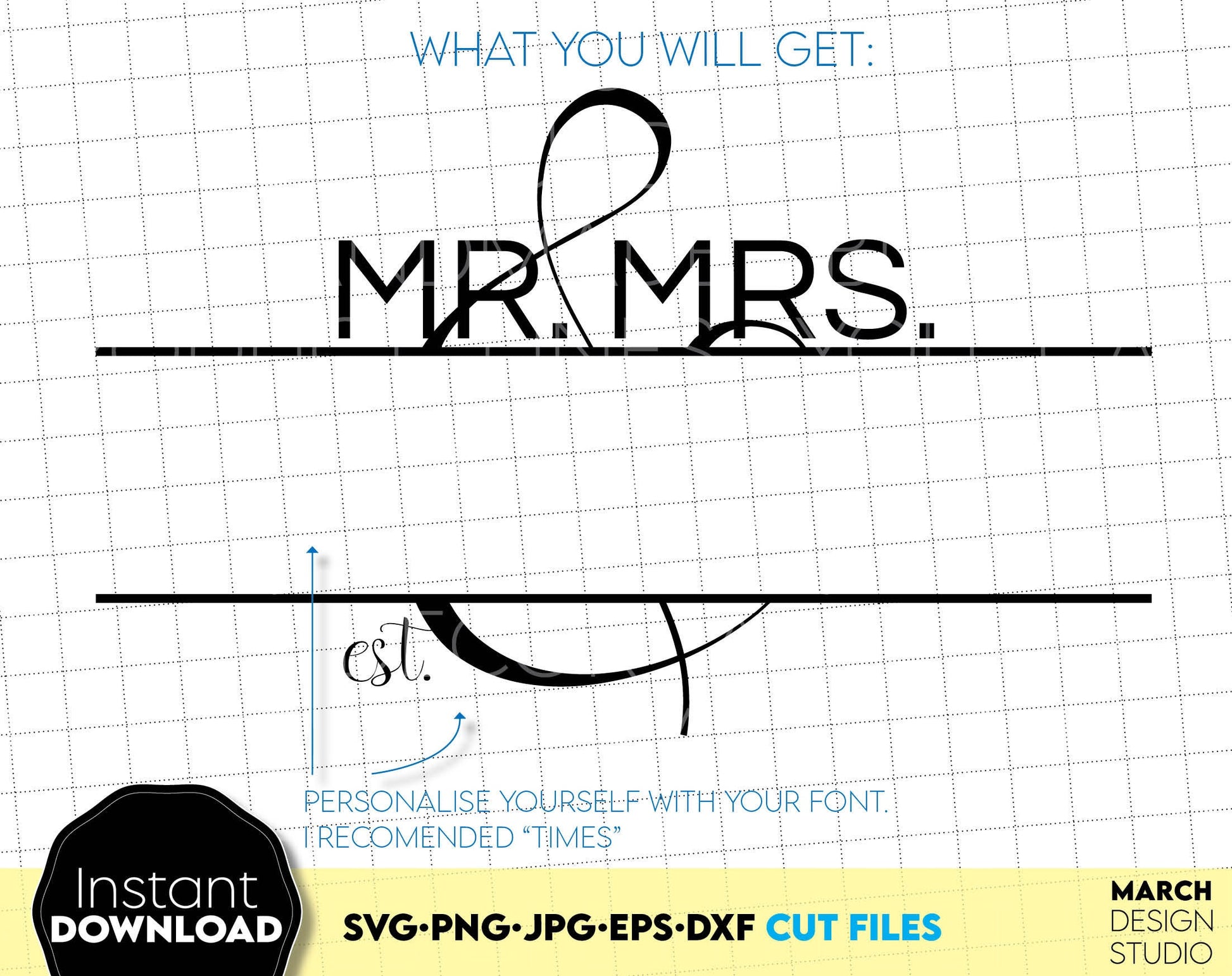 Mr and Mrs split wedding monogram for Your wedding or honeymoon shirts design. SVG PNG JPG EPS DXF files included. Compatible with Cricut, Silhouette or other equipment. Cut from vinyl, use for sublimation or laser cut or grave projects. Buy now!