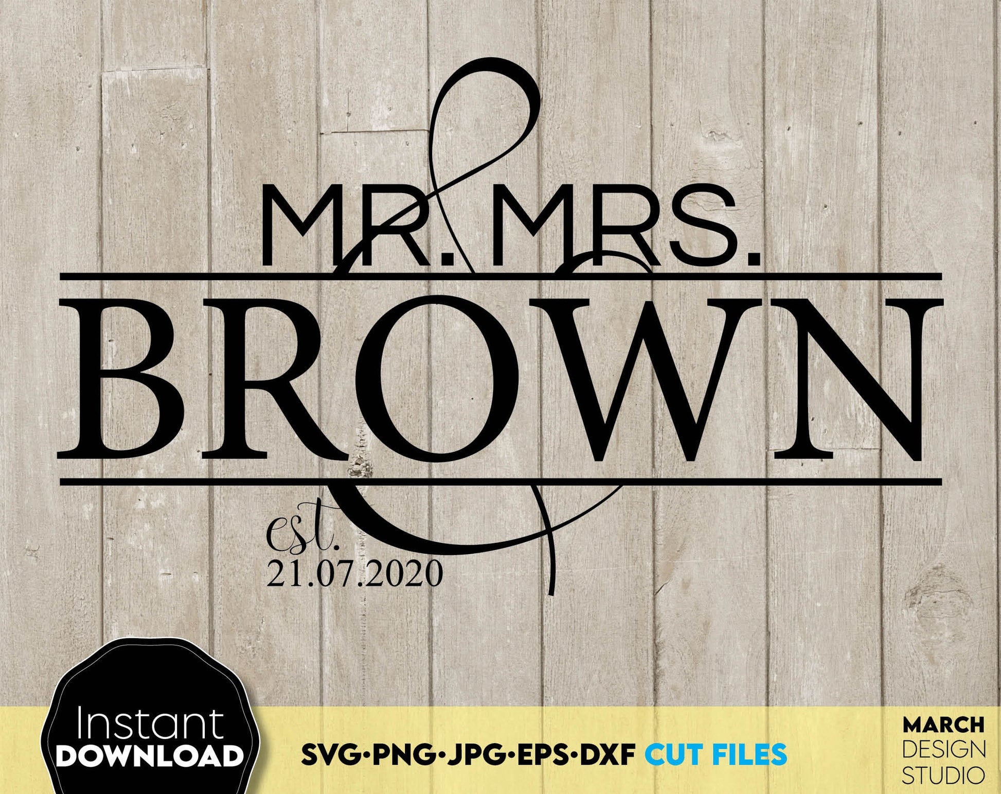 Mr and Mrs split wedding monogram for Your wedding or honeymoon shirts design. SVG PNG JPG EPS DXF files included. Compatible with Cricut, Silhouette or other equipment. Cut from vinyl, use for sublimation or laser cut or grave projects. Buy now!