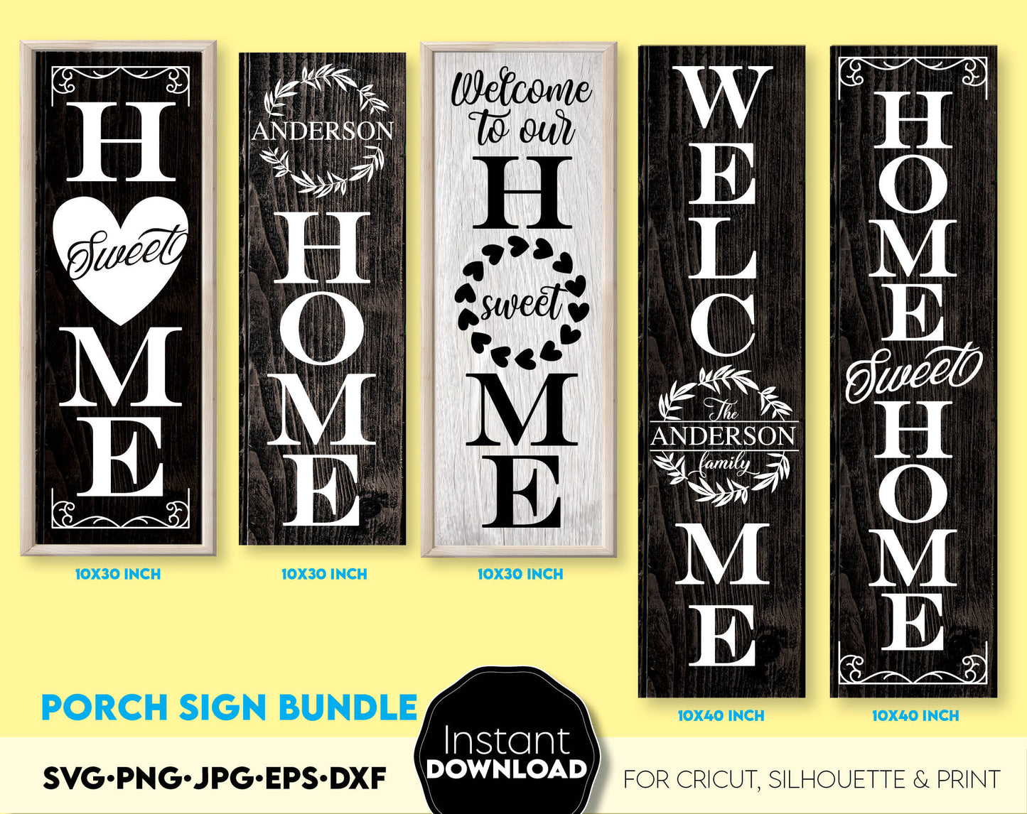 Welcome signs bundle for Your farmhouse front porch decoration. SVG, PNG, JPG, EPS and DXF files included. Compatible with Cricut, Silhouette. Cut from vinyl, use for sublimation or laser cut projects as well. Buy now for a good price and enjoy!