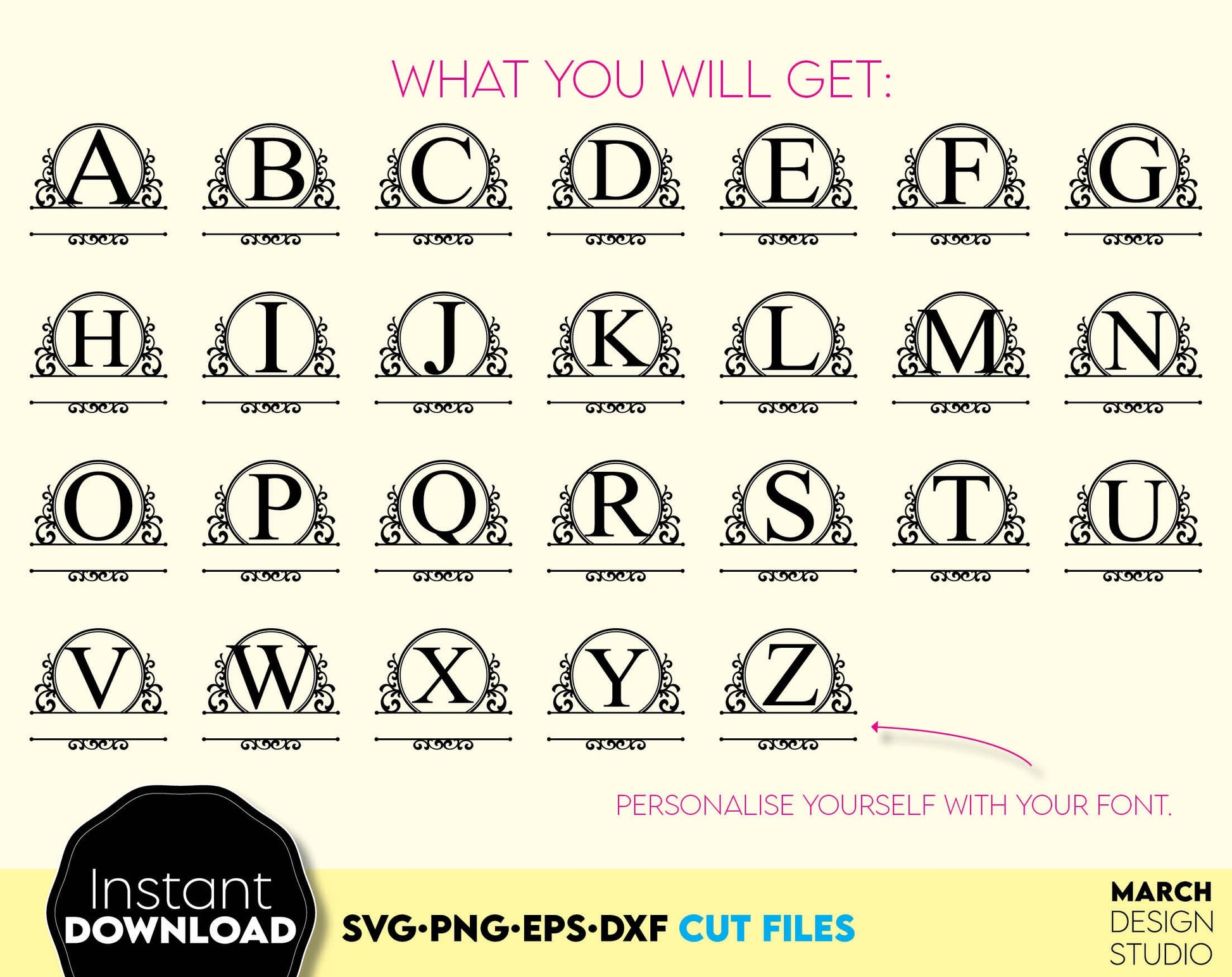 Circle Monogram bundle designs for gift projects or home decoration. Files allow you to use designs for engraving on glass, making shirts, tumblers with Cricut, Silhouette equipment. Monogram files also designed and easy to use for laser cutting.