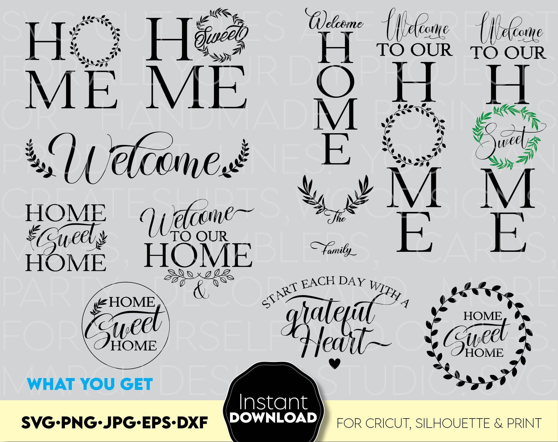 Welcome Sign designs for Your gift projects or home decoration. 
Files allow you to use designs for engraving on glass, making shirts, tumblers with Cricut, Silhouette equipment. Monogram files also designed and easy to use for laser cutting.