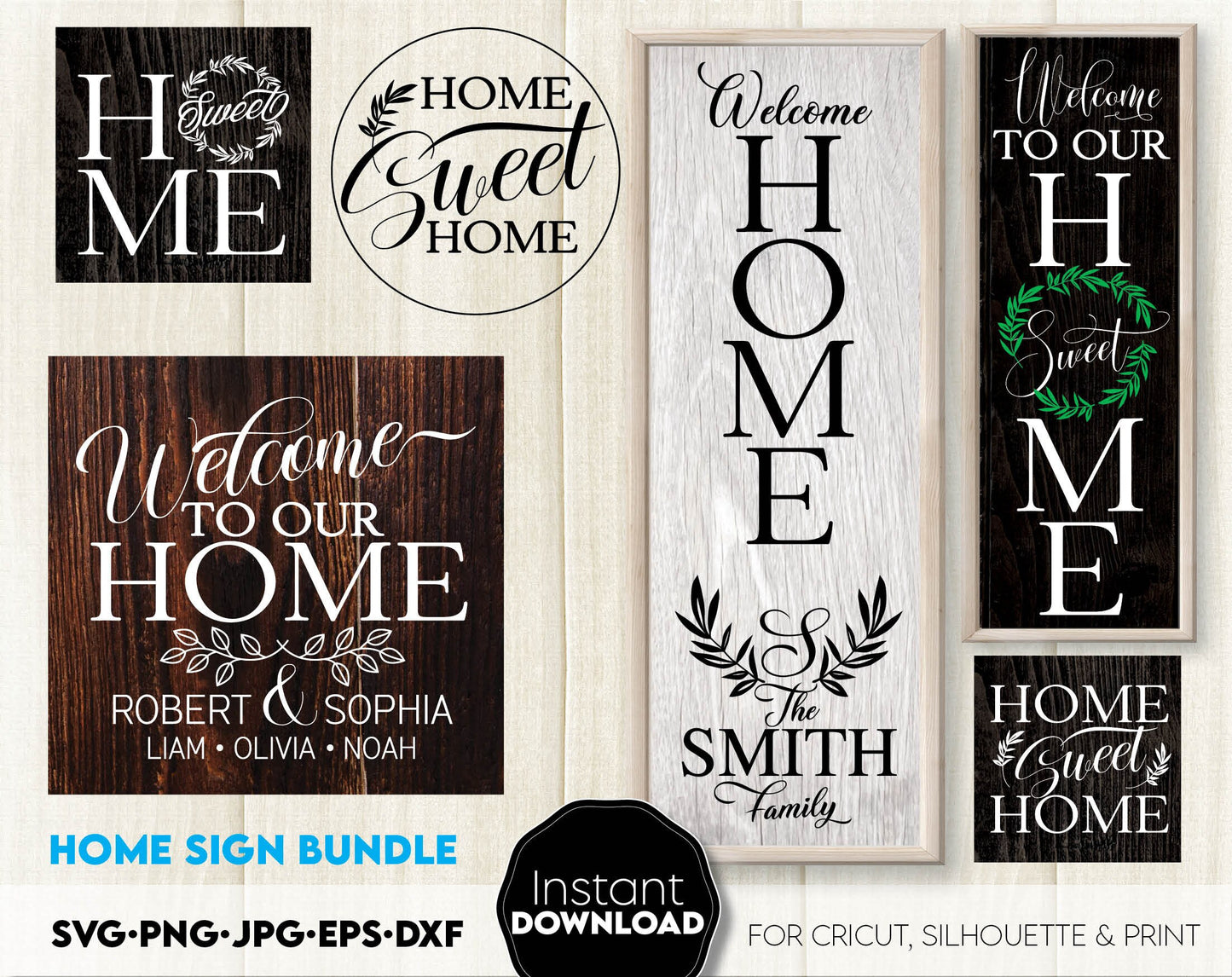 Welcome Sign designs for Your gift projects or home decoration. 
Files allow you to use designs for engraving on glass, making shirts, tumblers with Cricut, Silhouette equipment. Monogram files also designed and easy to use for laser cutting.