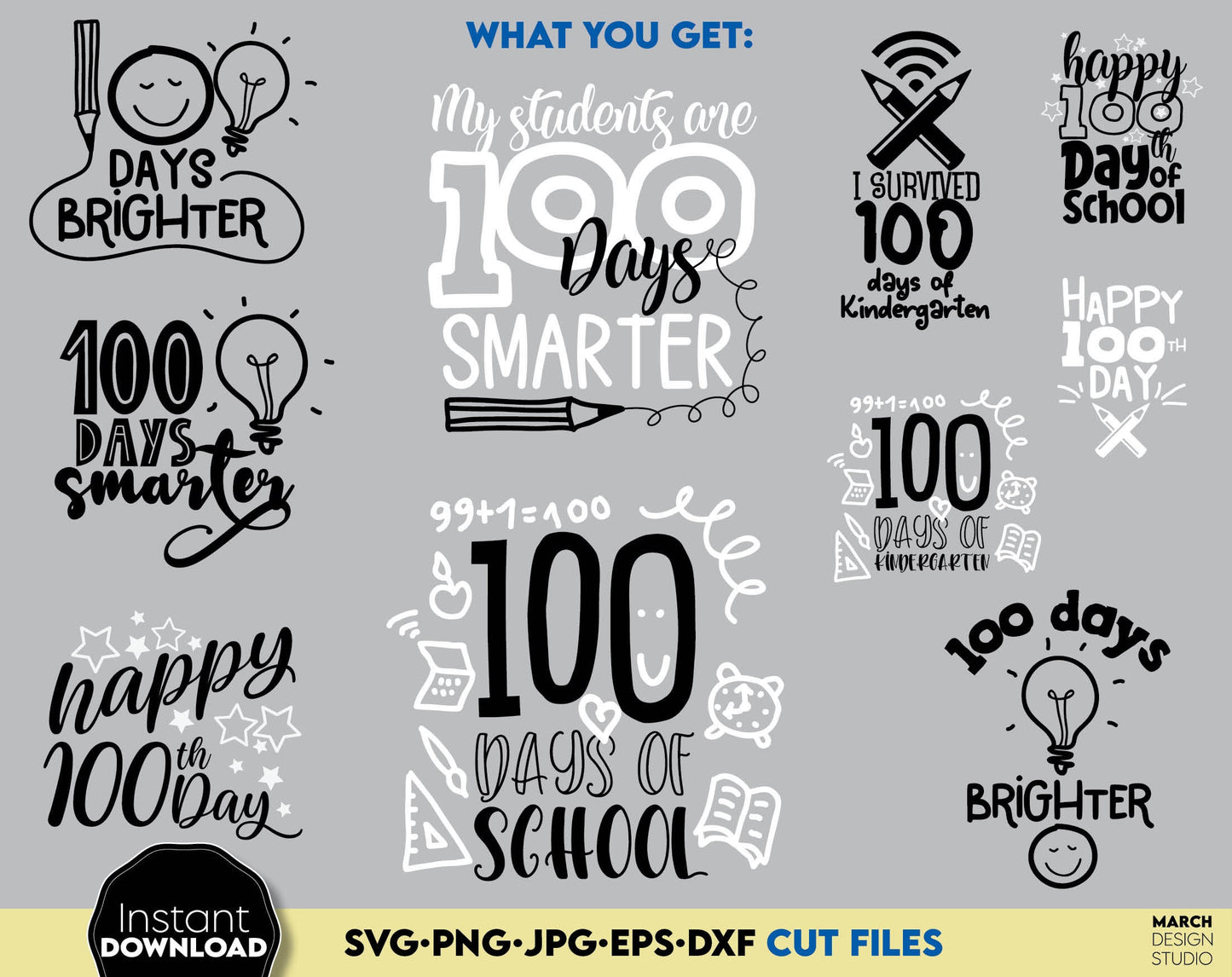 100 days of school svg bundle. SVG, PNG, JPG, EPS, DXF files included. Compatible with Cricut, Silhouette and others machines. Use for sublimation or laser cut projects as well. Buy now for a good - discount price. Enjoy!