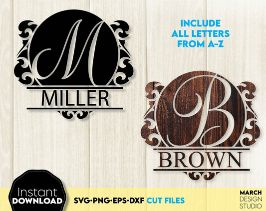 Family Name Monogram designs for Your gift projects or home decoration. Files allow you to use designs for engraving on glass, making shirts, tumblers with Cricut, Silhouette equipment. Monogram files also designed and easy to use for laser cutting.