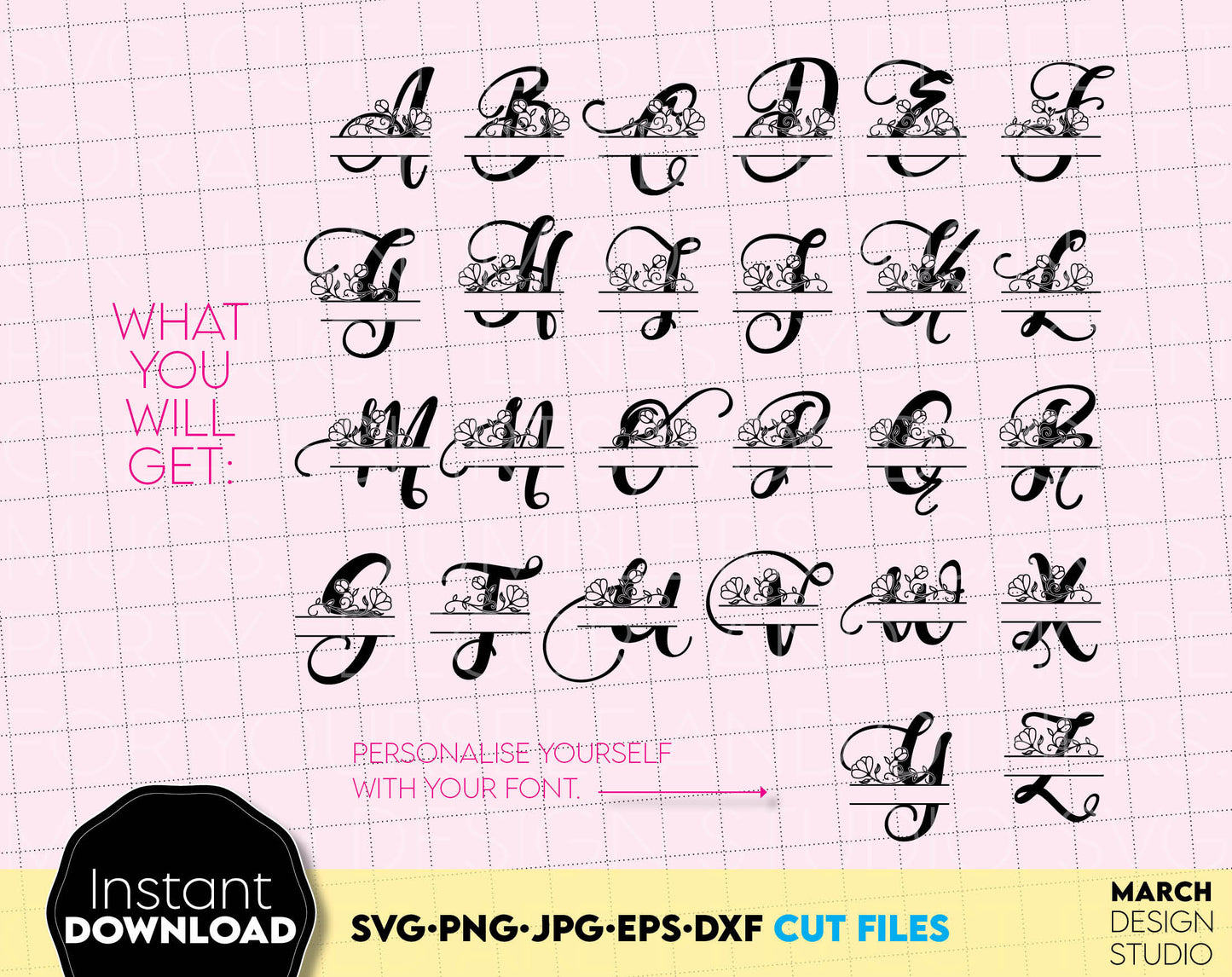 Floral split letters Monogram fonts for Your gift projects or home decoration. Files allow you to use designs for engraving on glass, making shirts etc with Cricut, Silhouette equipment. Monogram files also designed and easy to use for laser cutting.