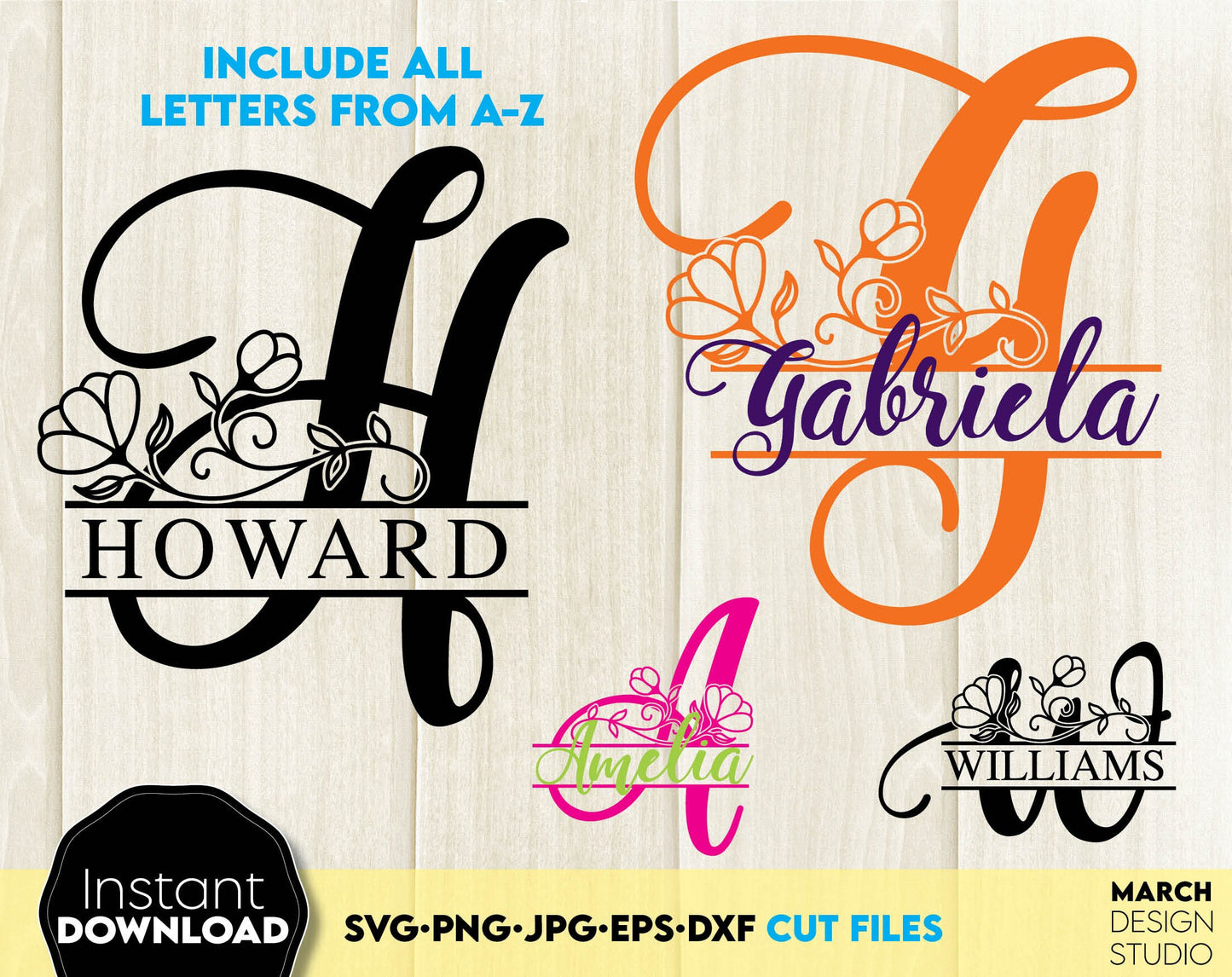 Floral split letters Monogram fonts for Your gift projects or home decoration. Files allow you to use designs for engraving on glass, making shirts etc with Cricut, Silhouette equipment. Monogram files also designed and easy to use for laser cutting.