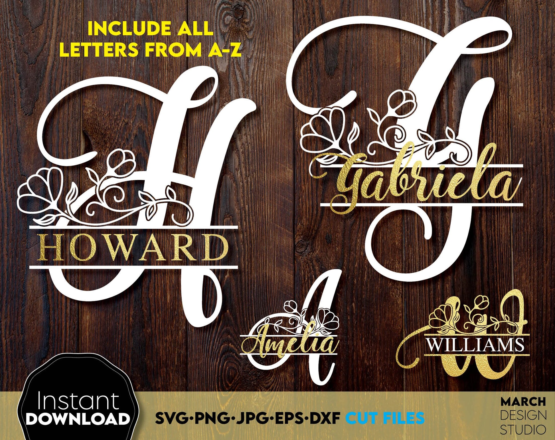 Floral split letters Monogram fonts for Your gift projects or home decoration. Files allow you to use designs for engraving on glass, making shirts etc with Cricut, Silhouette equipment. Monogram files also designed and easy to use for laser cutting.