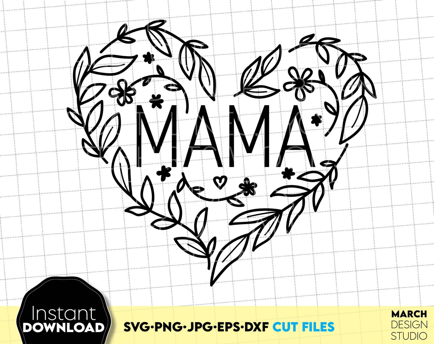 MAMA floral heart for Mother day or Mom Birthday projects. Use for cutting form vinyl, sublimation or laser cut projects. SVG, PNG, DXF, EPS and JPG files included. Compatible with Cricut, Silhouette, Glowforge and other equipment. Buy now and enjoy!