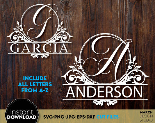 Monogram SVG bundle designs for Your gift projects or home decoration. Files allow you to use designs for engraving on glass, making shirts, tumblers with Cricut, Silhouette equipment. Monogram files also designed and easy to use for laser cutting.