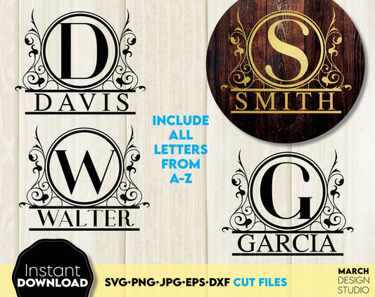 Family Name Monogram bundle for Your wedding, birthday or other event gift projects. Compatible with Cricut, Silhouette or other equipment. Cut from vinyl, use for sublimation or laser cut projects. Buy now for a good price and enjoy!