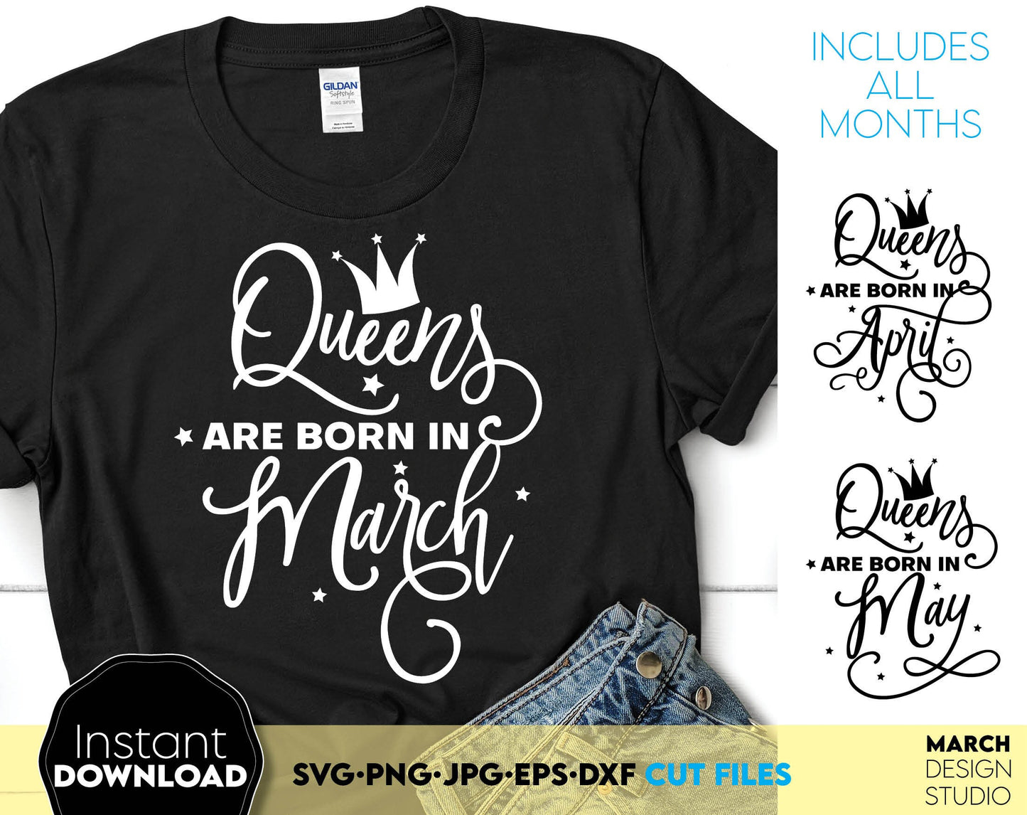 Queens are born in ... 12 designs for every month. Nice font with crown for Birthday party shirts. SVG, PNG, JPG, EPS and DXF files included. Compatible with Cricut, Silhouette and others machines. Use for sublimation or laser cut projects as well.