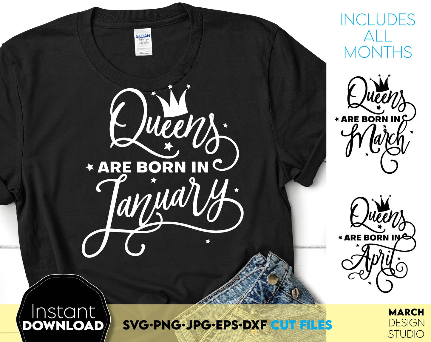 Queens are born in ... 12 designs for every month. Nice font with crown for Birthday party shirts. SVG, PNG, JPG, EPS and DXF files included. Compatible with Cricut, Silhouette and others machines. Use for sublimation or laser cut projects as well.