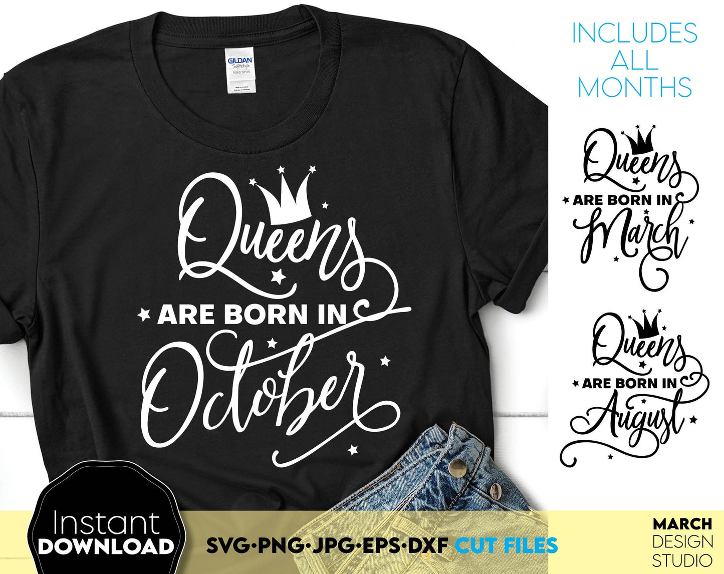 Queens are born in ... 12 designs for every month. Nice font with crown for Birthday party shirts. SVG, PNG, JPG, EPS and DXF files included. Compatible with Cricut, Silhouette and others machines. Use for sublimation or laser cut projects as well.