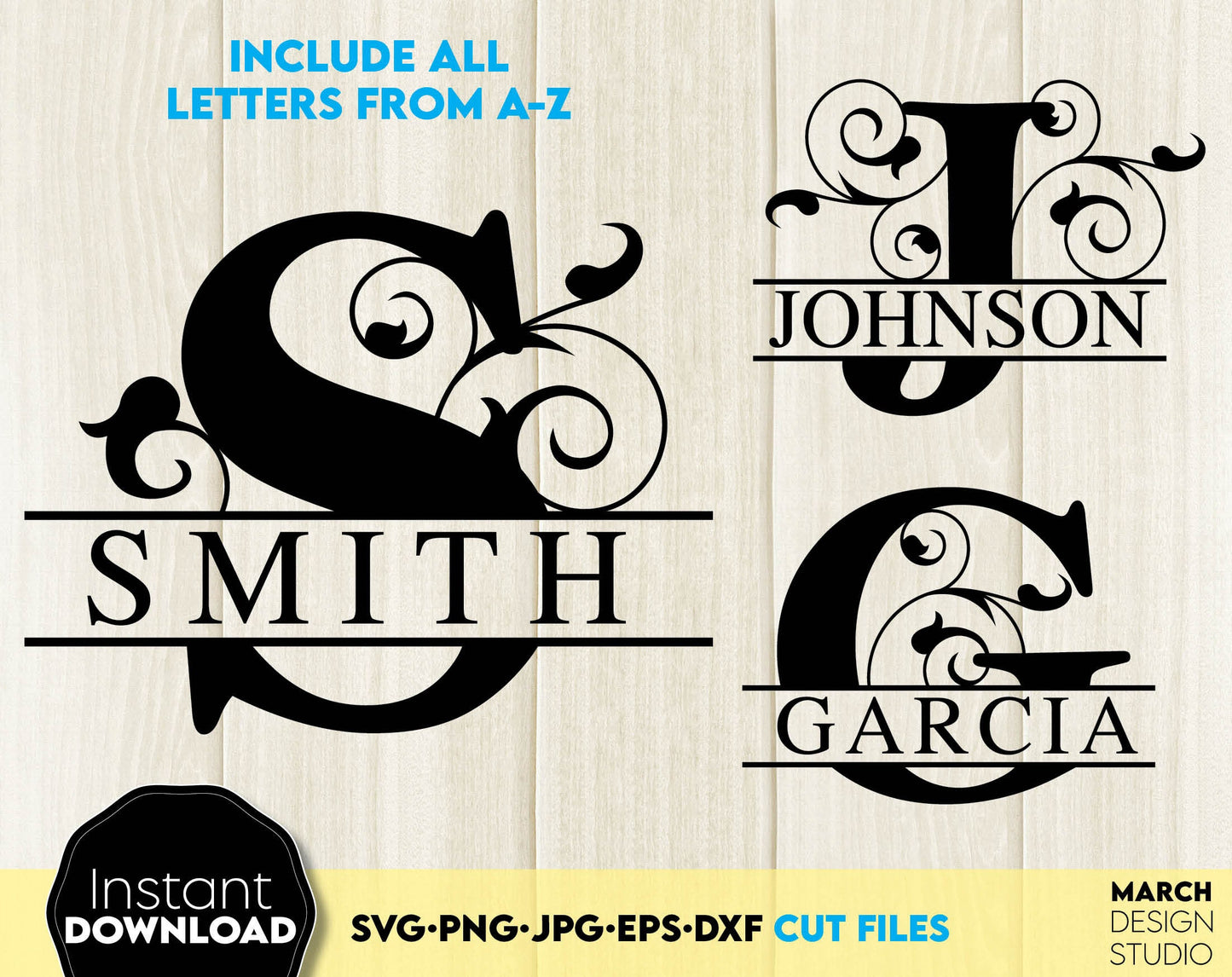 Family Name Split monogram designs for Your gift projects or home decoration. SVG, PNG, JPG EPS, DXF files included. Compatible with Cricut, Silhouette or other equipment. Monogram files also designed and easy to use for laser cutting. Buy now!