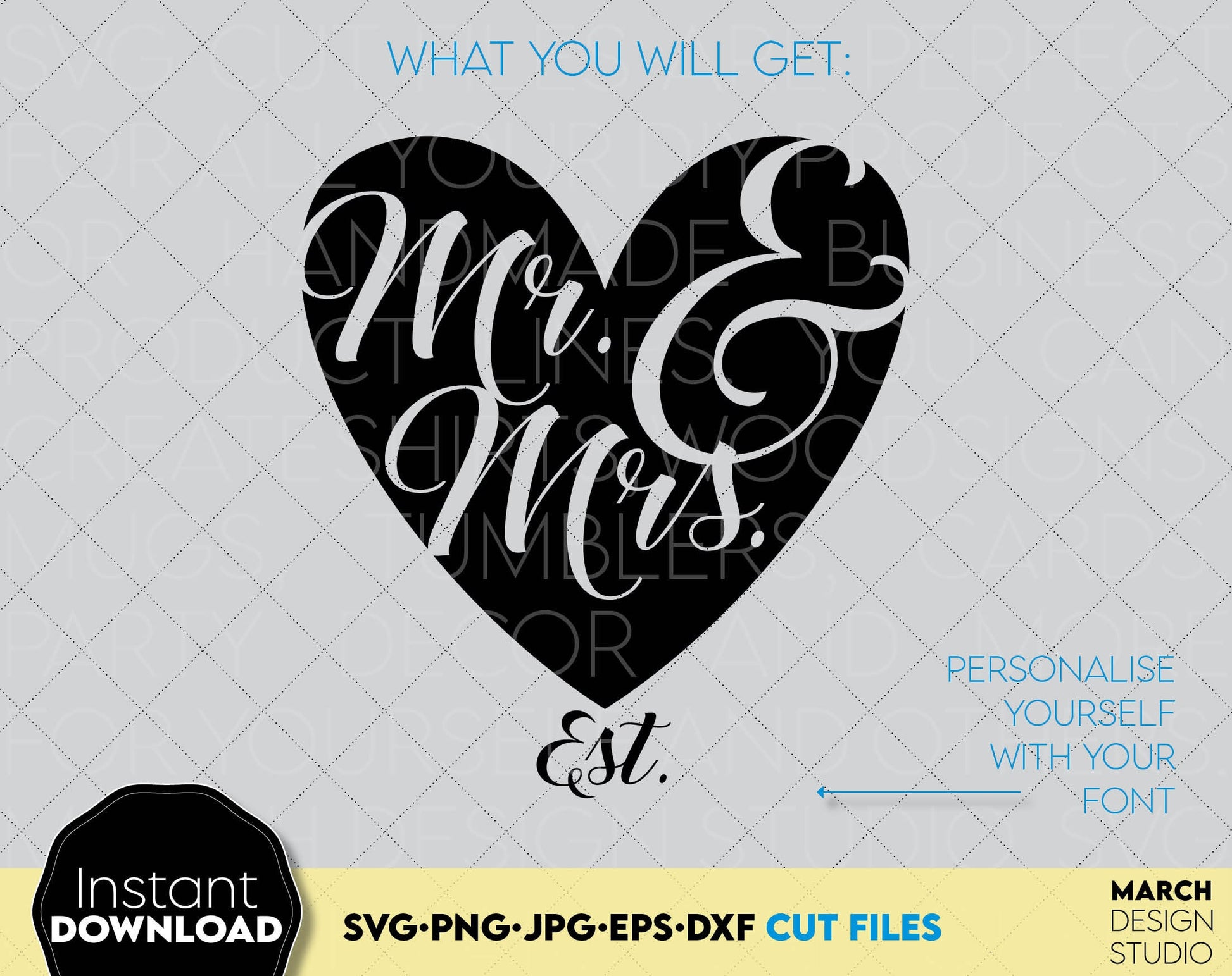 These Mr and Mrs designs You can use to surprise and delight your loved ones in an important event in life.
Mr and Mrs svg are great and thoughtful gifts for weddings, wedding anniversaries, etc. SVG, DXF, EPS, PNG files included. Buy now!