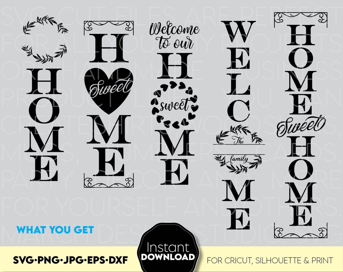 Welcome signs bundle for Your farmhouse front porch decoration. SVG, PNG, JPG, EPS and DXF files included. Compatible with Cricut, Silhouette. Cut from vinyl, use for sublimation or laser cut projects as well. Buy now for a good price and enjoy!