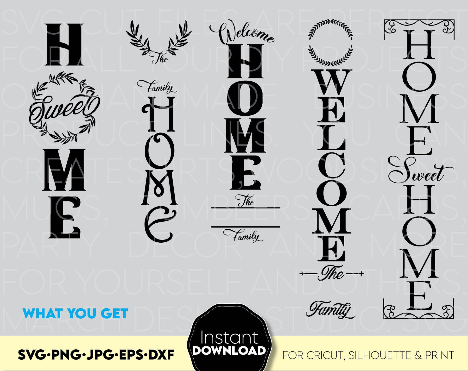 Welcome signs bundle. Family name monogram and welcome sign is a beautiful decor for Your farmhouse front porch. Compatible for using with Cricut, Silhouette, Glowforge or other machines. Buy now for a good price and enjoy!