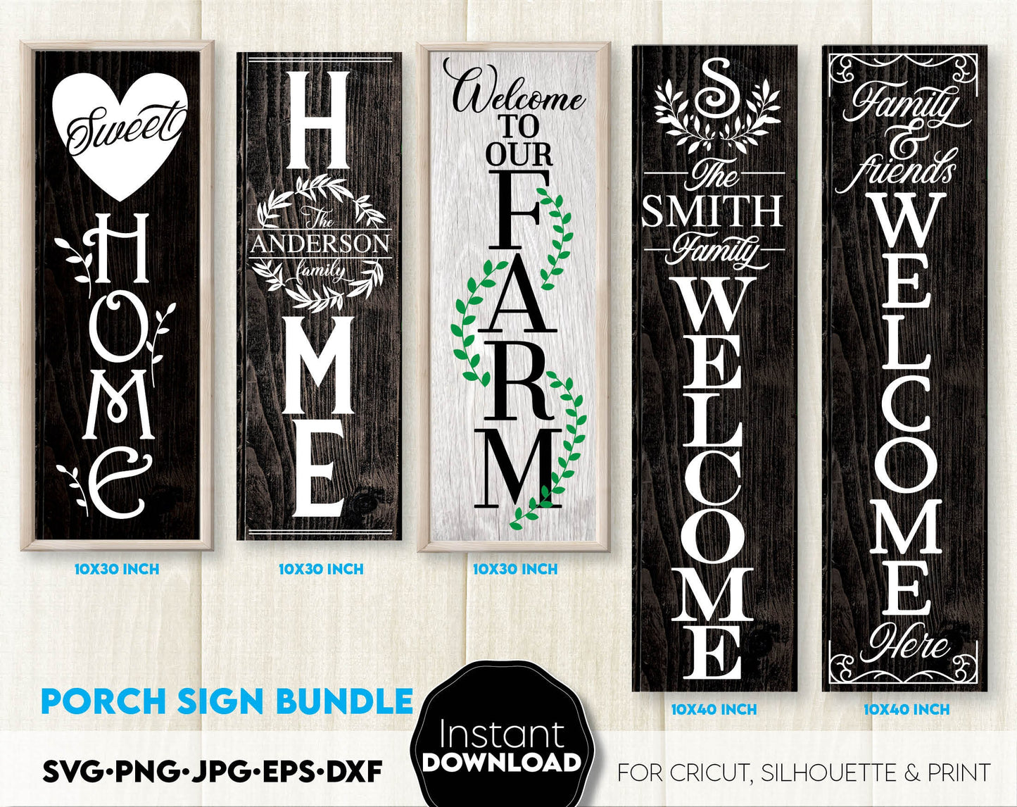 Front porch welcome signs bundle for Your home ornaments. SVG PNG JPG EPS DXF files included. Compatible with Cricut, Silhouette or other equipment. Cut from vinyl, use for sublimation or laser cut projects. Buy now for a good price and enjoy!