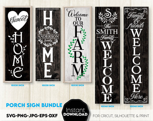 Front porch welcome signs bundle for Your home ornaments. SVG PNG JPG EPS DXF files included. Compatible with Cricut, Silhouette or other equipment. Cut from vinyl, use for sublimation or laser cut projects. Buy now for a good price and enjoy!