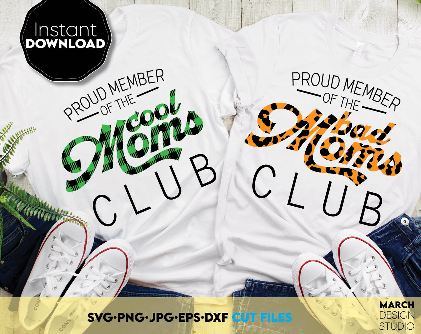 Proud member of the cool moms club and proud member of the bad moms club funny shirts designs. Cut from vinyl, or use for sublimation or laser cut projects. SVG, PNG, JPG, EPS, DXF files included. Compatible with Cricut, Silhouette or other machines.