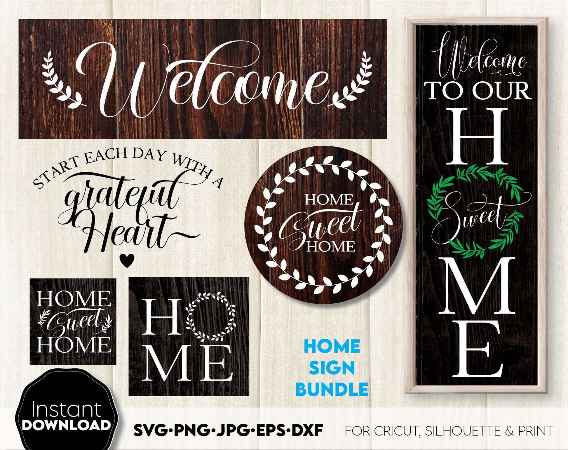 Welcome Sign designs for Your gift projects or home decoration. 
Files allow you to use designs for engraving on glass, making shirts, tumblers with Cricut, Silhouette equipment. Monogram files also designed and easy to use for laser cutting.