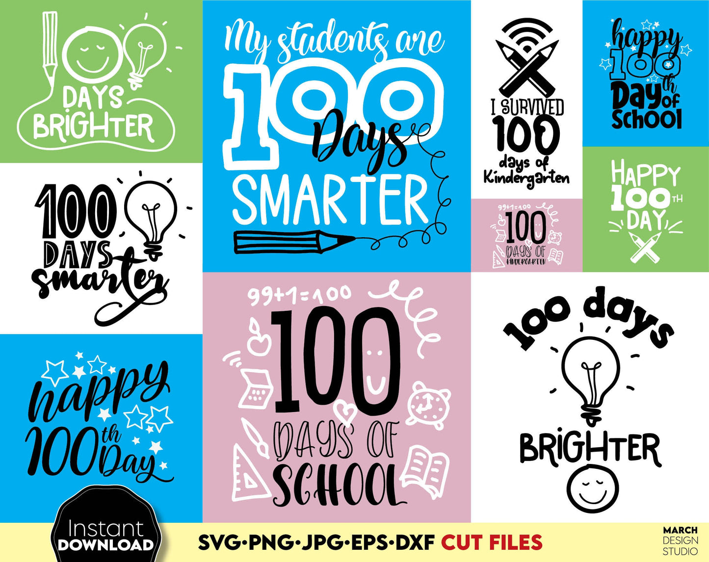 100 days of school svg bundle. SVG, PNG, JPG, EPS, DXF files included. Compatible with Cricut, Silhouette and others machines. Use for sublimation or laser cut projects as well. Buy now for a good - discount price. Enjoy!