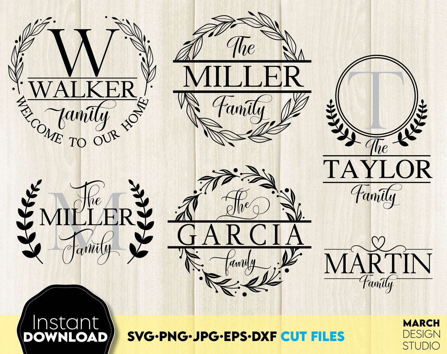 Monogram SVG bundle designs for Your gift projects or home decoration. 
Files allow you to use designs for engraving on glass, making shirts, tumblers with Cricut, Silhouette equipment. Monogram files also designed and easy to use for laser cutting.