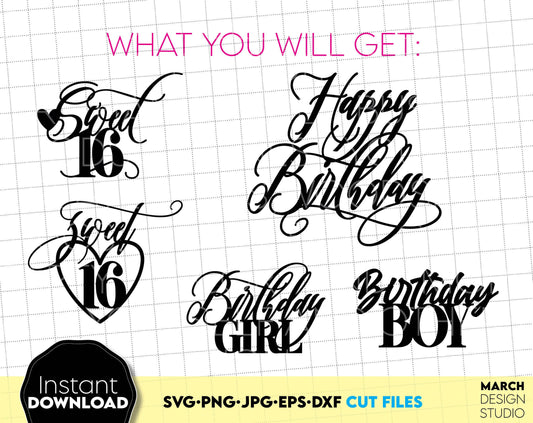 These Birthday cake topper files bundle designs You can use them to surprise and delight your loved ones on an important event in life - 16th Birthday. SVG, PNG, DXF, EPS, JPG files included. Compatible with cricut or laser cut machines. Enjoy!