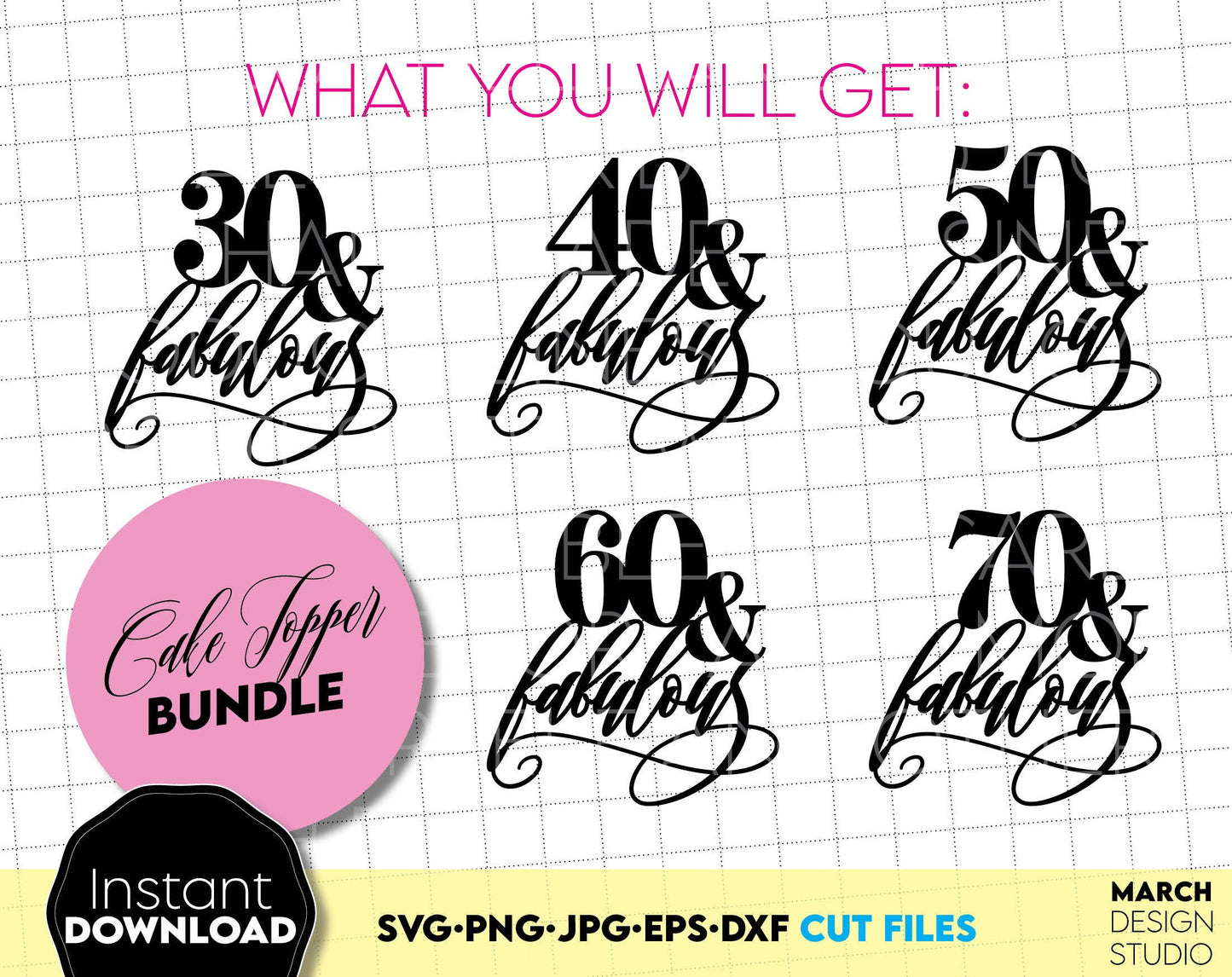 Cake topper bundle for 30th, 40th, 50th, 60th and 70th birthday. 50th and fabulous cake topper. Use for laser cut or other projects. Compatible with Cricut, silhouette as well. SVG, PNG, JPG, EPS, DXF files included. Buy now for a good price! Enjoy!