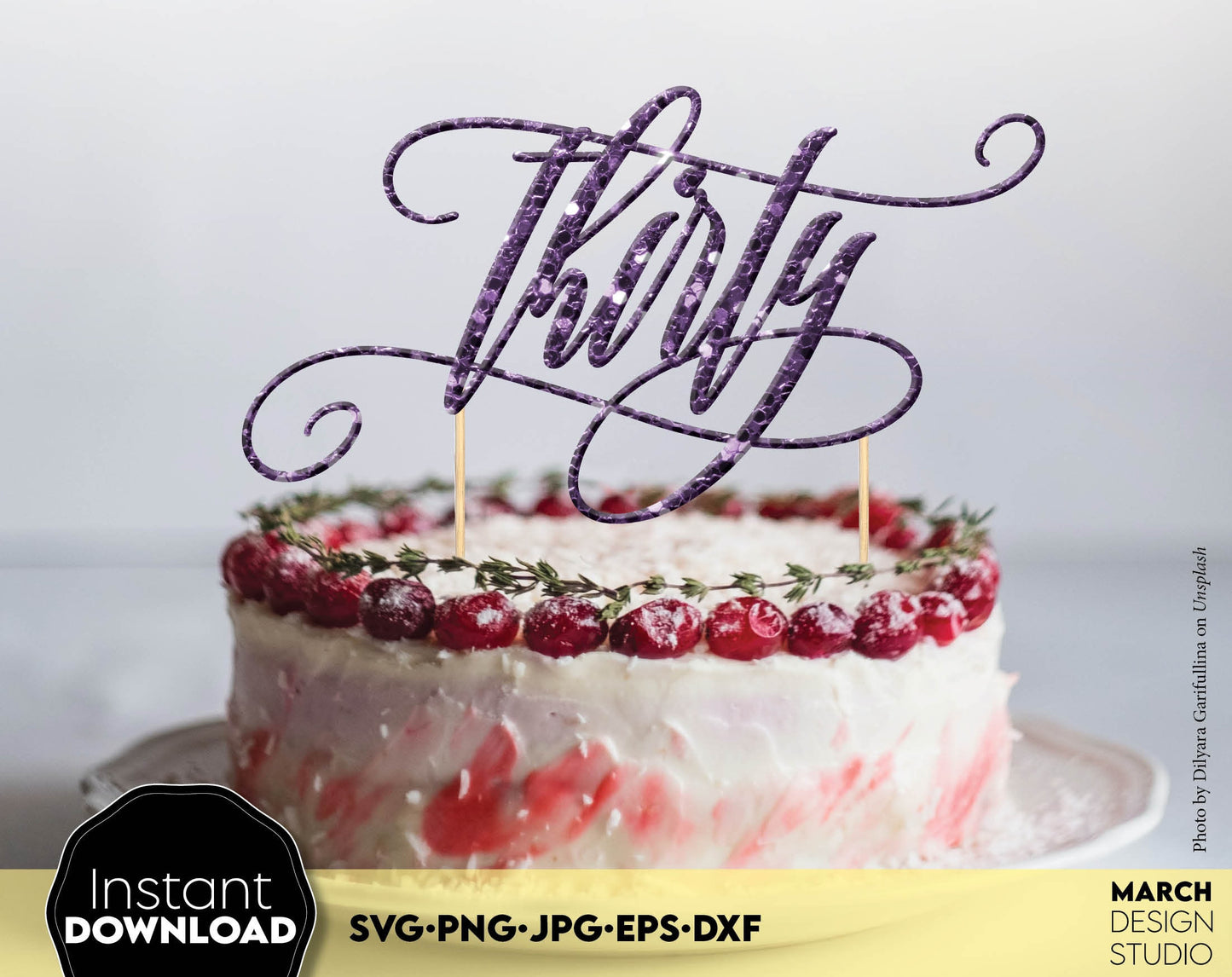 Thirty Birthday Cake topper for Your Birthday cake! SVG, PNG, JPG, EPS and DXF files included. Compatible with Cricut, Silhouette and others machines. Use for sublimation or laser cut projects as well. Buy now for a good - discount price. Enjoy!