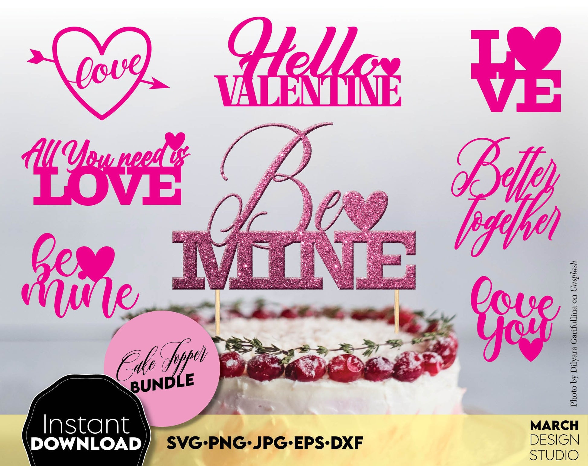 Valentines Day Cake topper bundle. SVG, PNG, JPG, EPS and DXF files included. Compatible with Cricut, Silhouette and Glowforge equipment. Cut from vinyl, use for sublimation or laser cut projects as well. Buy now for a good price and enjoy!