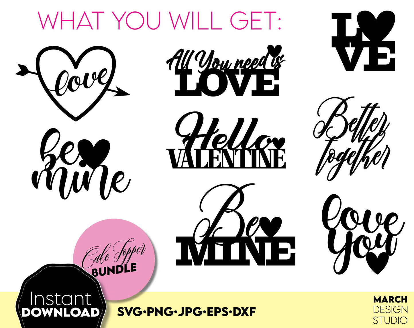 Valentines Day Cake topper bundle. SVG, PNG, JPG, EPS and DXF files included. Compatible with Cricut, Silhouette and Glowforge equipment. Cut from vinyl, use for sublimation or laser cut projects as well. Buy now for a good price and enjoy!