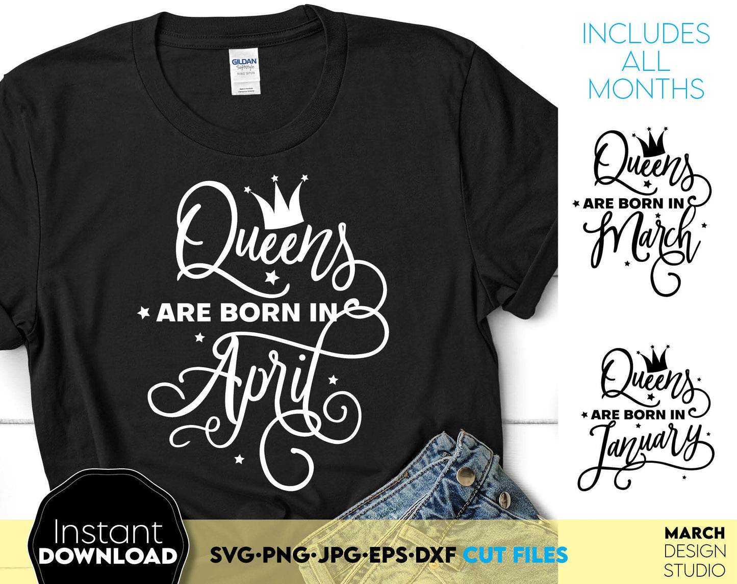 Queens are born in ... 12 designs for every month. Nice font with crown for Birthday party shirts. SVG, PNG, JPG, EPS and DXF files included. Compatible with Cricut, Silhouette and others machines. Use for sublimation or laser cut projects as well.