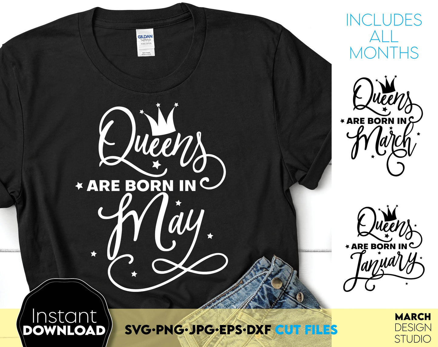 Queens are born in ... 12 designs for every month. Nice font with crown for Birthday party shirts. SVG, PNG, JPG, EPS and DXF files included. Compatible with Cricut, Silhouette and others machines. Use for sublimation or laser cut projects as well.