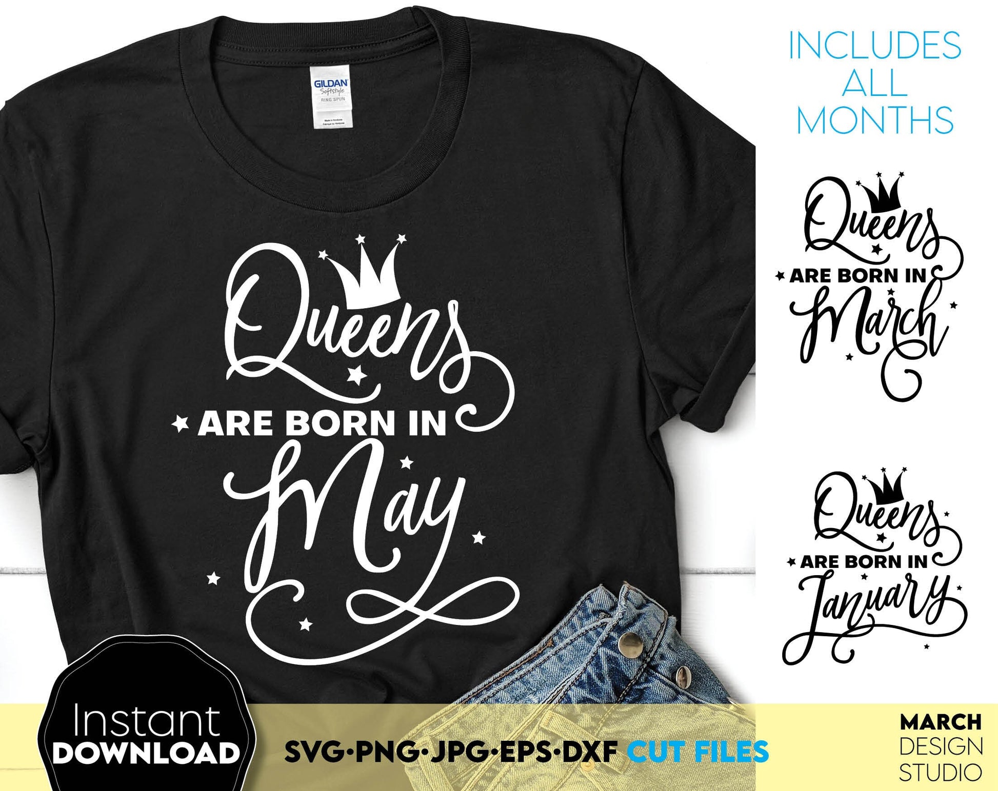 Queens are born in ... 12 designs for every month. Nice font with crown for Birthday party shirts. SVG, PNG, JPG, EPS and DXF files included. Compatible with Cricut, Silhouette and others machines. Use for sublimation or laser cut projects as well.