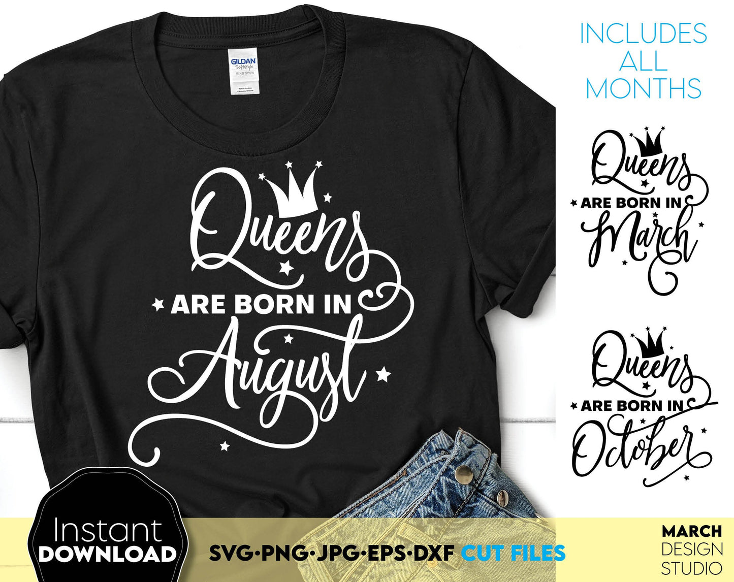 Queens are born in ... 12 designs for every month. Nice font with crown for Birthday party shirts. SVG, PNG, JPG, EPS and DXF files included. Compatible with Cricut, Silhouette and others machines. Use for sublimation or laser cut projects as well.