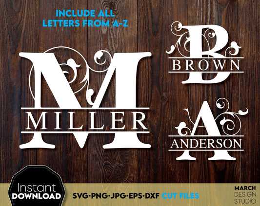 Family Name Split monogram designs for Your gift projects or home decoration. SVG, PNG, JPG EPS, DXF files included. Compatible with Cricut, Silhouette or other equipment. Monogram files also designed and easy to use for laser cutting. Buy now!