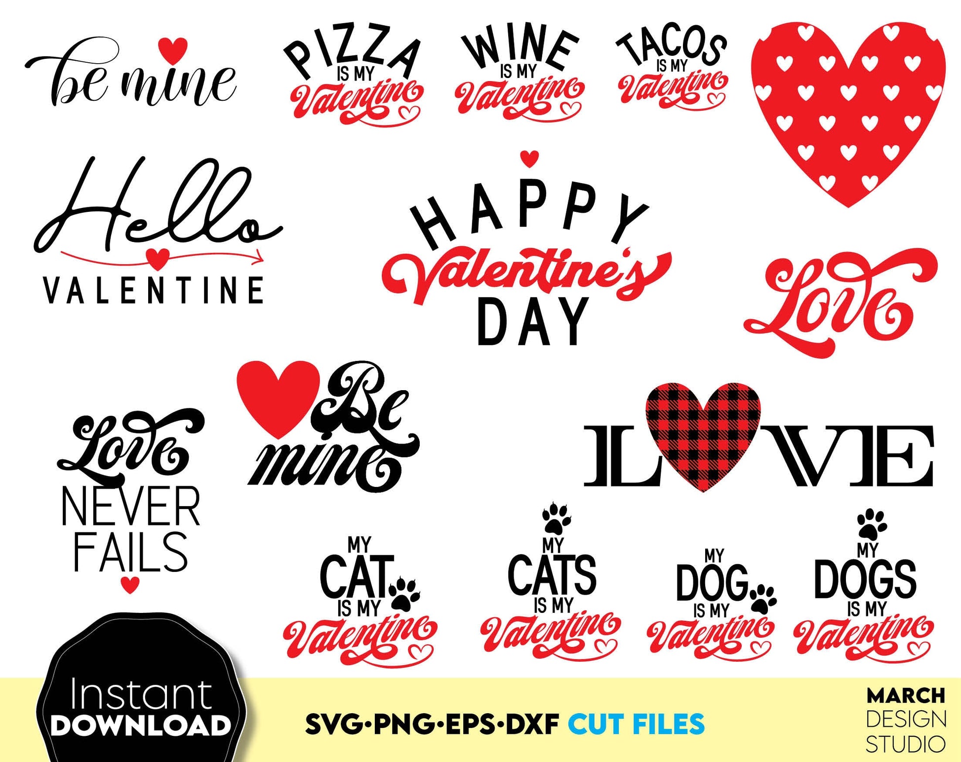 Valentines Day SVG PNG DXF EPS designs bundle. Use this designs for cutting from vinyl, sublimation or laser cut projects. Compatible with Cricut, Glowforge or Silhouette equipment. Buy now and enjoy! Valentine quotes included. March Design Studio.