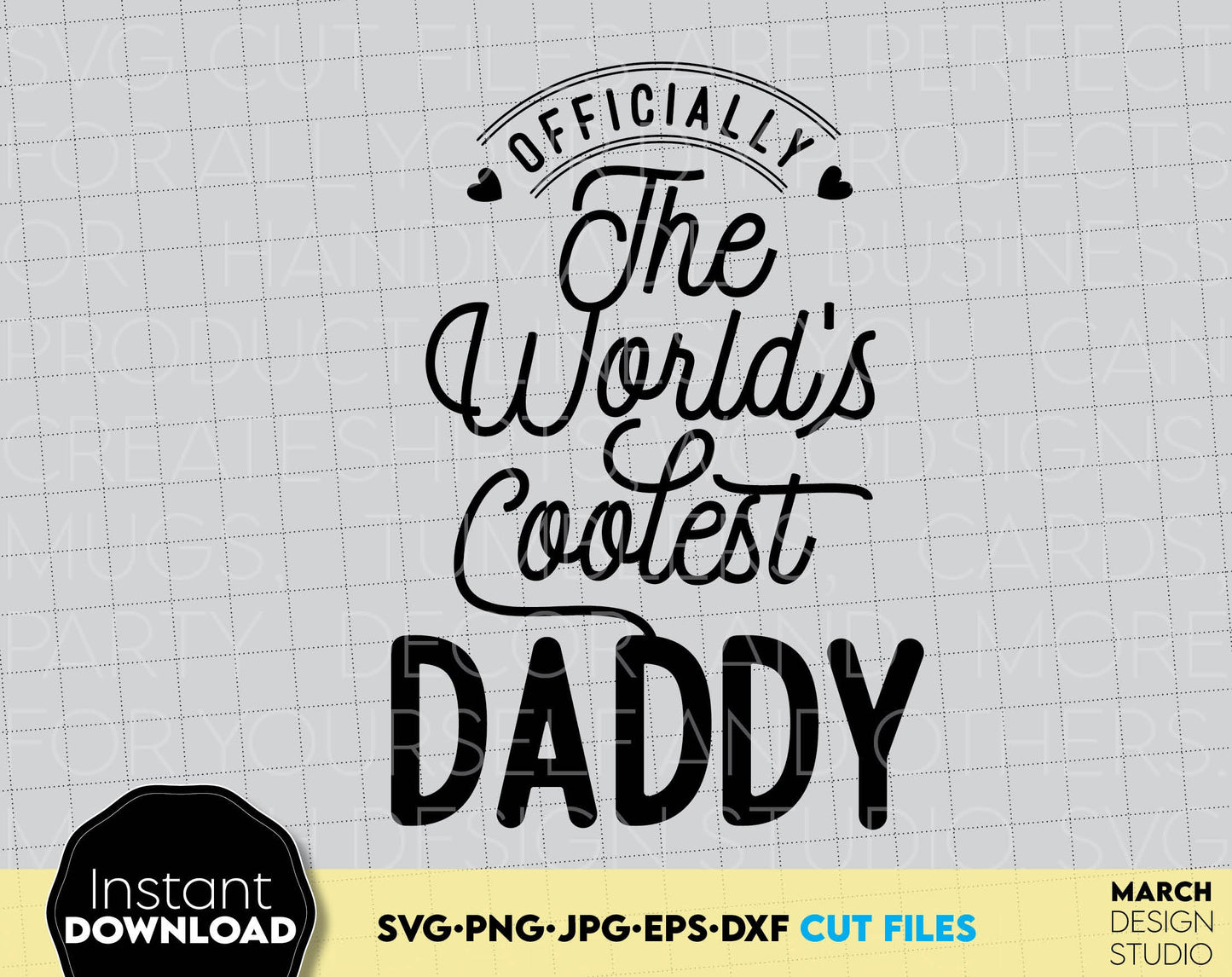 Fathers Day design for a great gift for your Daddy. Use SVG, DXF, EPS, JPG or PNG files formats to make Fathers Day or Dad birthday gifts.
Put the design on a cup, shirt or apron for your best dad in the world! Compatible with Cricut. Buy now!