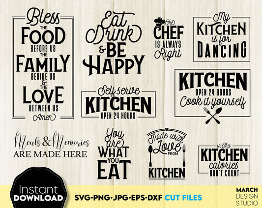 Kitchen Quotes bundles. Design for Your kitchen tools. SVG PNG JPG EPS DXF files included. Cut from vinyl, use for sublimation or laser cut projects as well. Compatible with Cricut, Silhouette or other equipment. Buy now for a good price and enjoy!