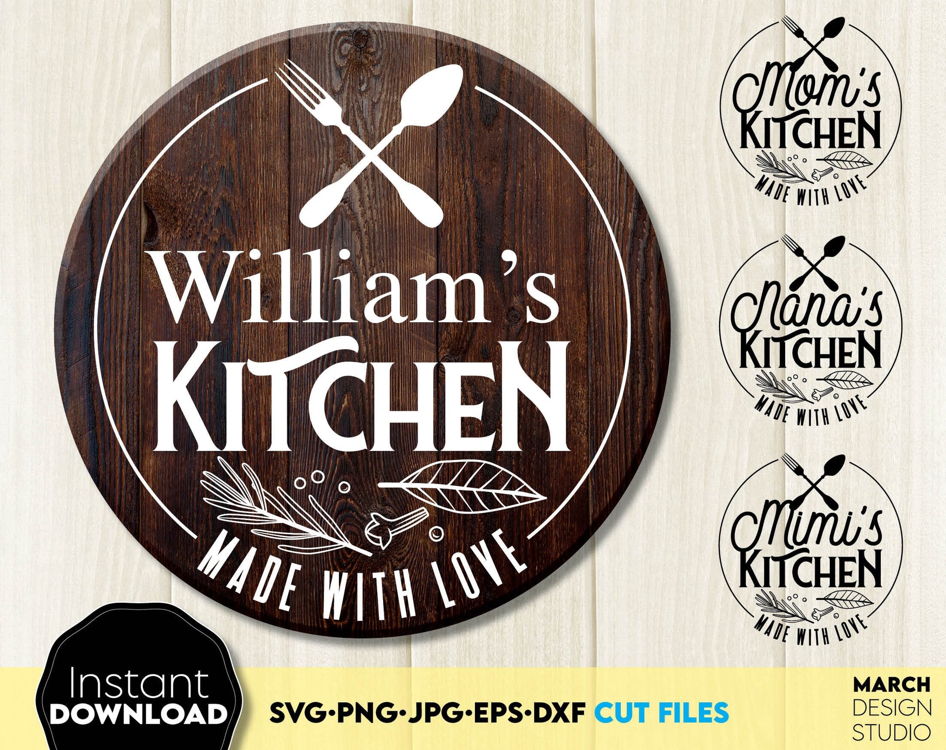 Custom Farmhouse kitchen sign with quote - made with love. SVG, PNG, JPG, EPS, DXF files included. Compatible with Cricut, Silhouette or other equipment. Cut from vinyl, use for sublimation or laser cut projects. Buy now for a good price and enjoy!