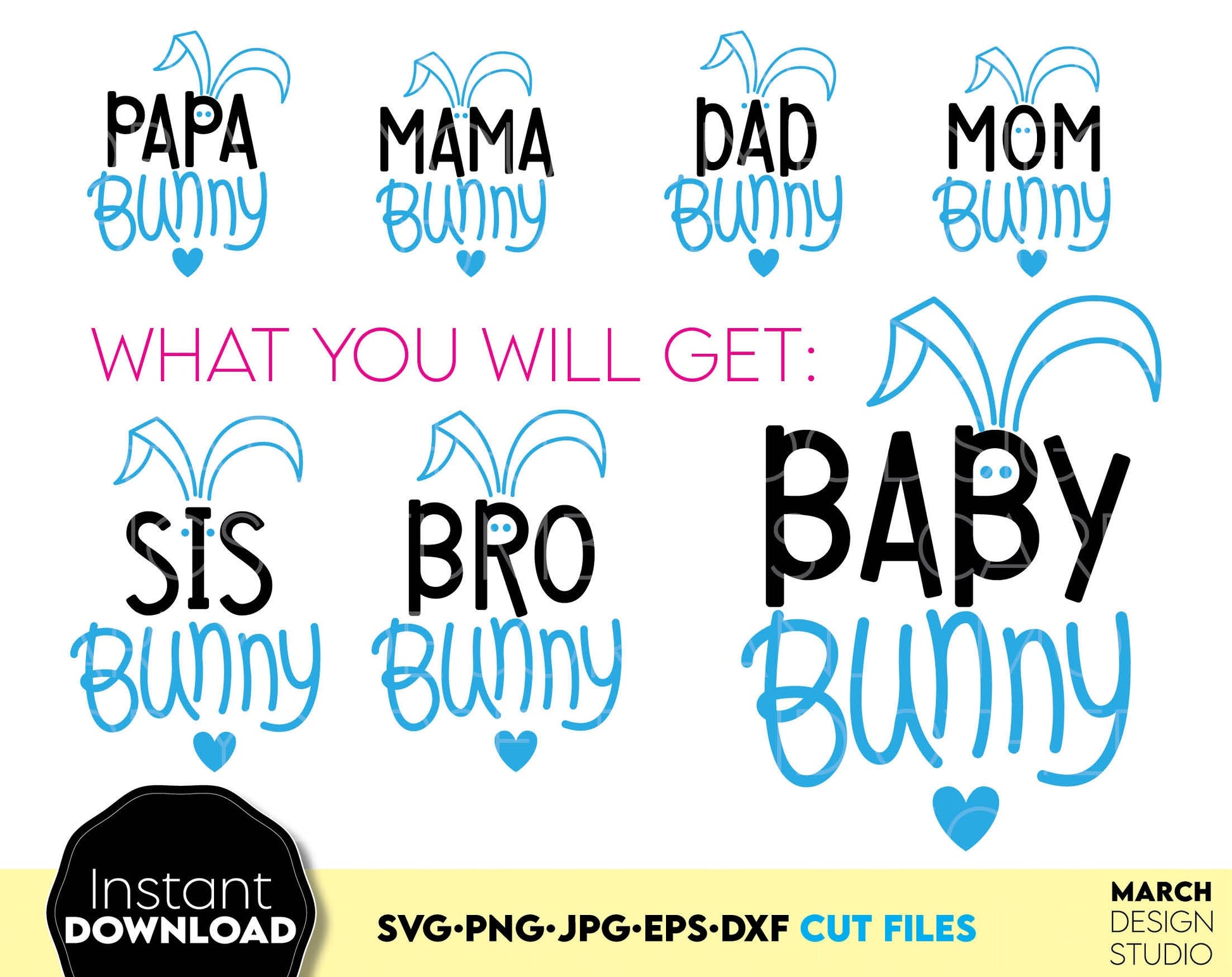 Easter Family Matching designs with bunny ears. Use for cutting form vinyl, sublimation or laser cut projects. SVG, PNG, DXF, EPS files included. Compatible with Cricut, Silhouette, Glowforge and other equipment. Buy now and enjoy!